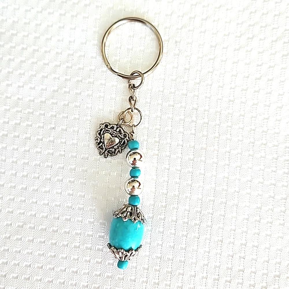 Elegant Turquoise Stone Silver Heart Keychain Keyring Handmade